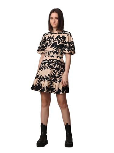 Image of ONLY Floral Print Round Neckline A-Line Dress | Detachable Waist Belt | Balloon Sleeves | Flared Skirt