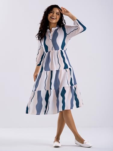 Image of AASK Women Diamond Creap Striped Printed Mandarin Collar Fit & Flare Dresss