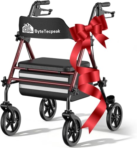 Rollator faltbar und leicht mit Sitz, ByteTecpeak R4 Rollatoren schmal für Wohnung, Rollatoren für Senioren klappbar mit 20 cm Reifen für All-Terrain, Sitz und Griffhöhe verstellbar