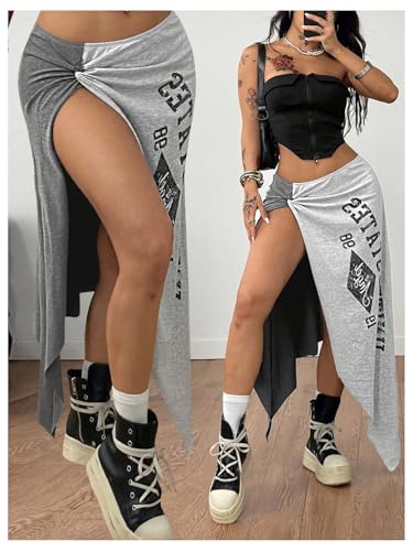 MakeMeChic Women's Letter Print Color Block Skirt Low Waist Hankerchief Twist Split Y2k Skirt4