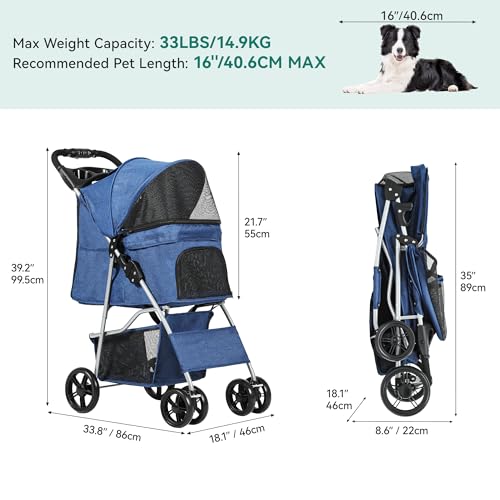 YITAHOME Haustierbuggy für mittelgroße Hunde, 4-Rad-Hundebuggy mit Aufbewahrungskorb, faltbarer Haustier-Reisewagen mit Getränkehalter und Aufbewahrungskorb (Blau)