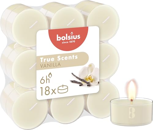Bolsius - True Scents - 18 Velas de té perfumadas - Vainilla - Larga duración de combustión de 6 horas - Diámetro 39 mm - Extractos naturales - Cera vegana - Sin aceite de palma