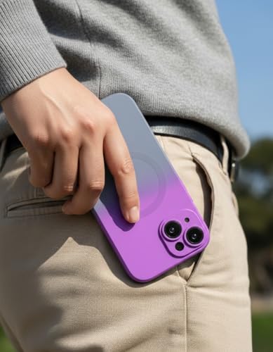 Image of amazon basics Gradient Mag-Safe Case for iPhone 15 | Soft Silicone Shockproof Cover with Camera Protection | Slim Lightweight Design | Smooth Touch & Durable - Purple & Gray