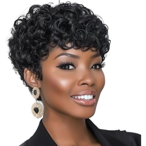 MOONSHOW Short Wigs for Black Women Pixie Cut Wig Short Afro Curly Wigs for Black Women Natural Black Short Pixie Wigs for Black Women Synthetic Pixie Cut Wig Short Curly Haircut Wig Cover