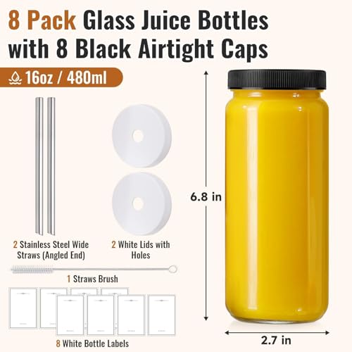 Image of 8 PACK 16OZ Glass Juice Bottles with 8 Sealed Lids & 2 Straw Lids & Straws