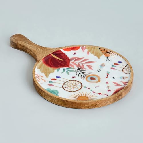 Image of Saaga Burnt Sienna Mango Wood Pizza Serving Tray - Stylish Round Snack Plate (15x10 Inch) for Kitchen, Home, Cafes & Restaurants