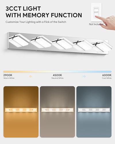 Image of VONLUCE Bathroom Vanity Light Fixture, 5-Light Modern LED Vanity Light, 3CCT Adjustable Bathroom Lights with Memory Function Rotatable Shades, 34 inch Wall Lighting Fixture Over Mirror, Chrome