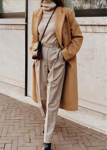 chouyatou Women's Double Breasted Wool Coat Notched Lapel Collar Winter Pea Coat Overcoat Long Jackets3