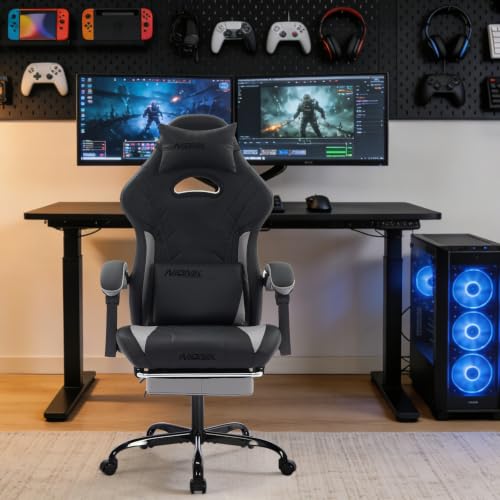 Image of Gaming Chair with Footrest and Massage Lumbar Support, Ergonomic Computer Gamer Chair, Office Video Game Chairs with Adjustable Height and Backrest (BlackGrey)