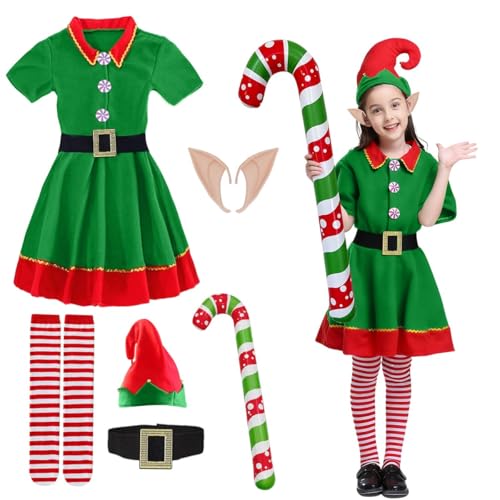 Costume Lutin Enfant, Deguisement Lutin Noël Enfant avec Jupe, Ceinture, Chapeau, Chaussettes, Oreilles de Lutin, Bâton de Marche gonflable, Costume Elfe...