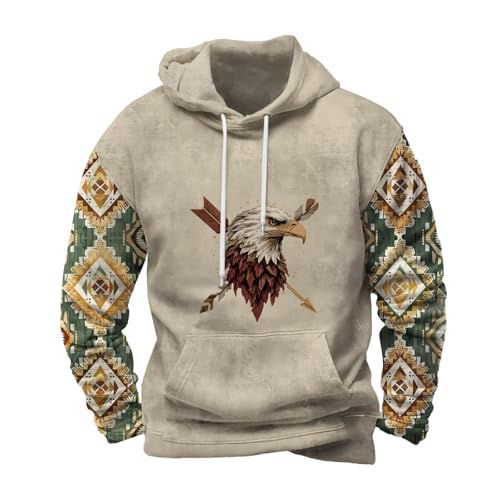 Men's Western Hoodie Aztec Graphic Hooded Sweatshirt Long Sleeve Ethnic Style Oversized Retro Pullover Lightweight Top