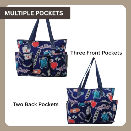 NGIL Large Utility Water Resistant Caddy Teacher Tote Bag with 7 Exterior Pockets, Top Zipper Closure Nurse bag for Work4
