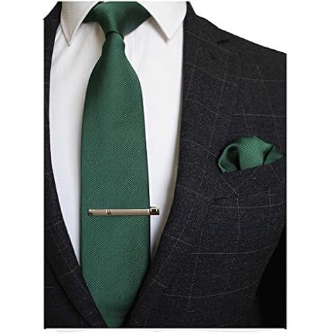 JEMYGINS Seide Krawatte Krawatten und Einstecktuch mit krawattenklammer Set für Herren Seidenkrawatten Hochzeit Schlips,dunkelgrün Cover