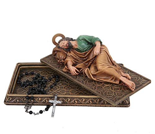 Estátua de São José Católico Adormecido BC, com base de estojo, com halo de metal, porta-cartões de oração, presente religioso para o pai, padroeiro decoração de casa 22,4 cm C, pintado à mão por