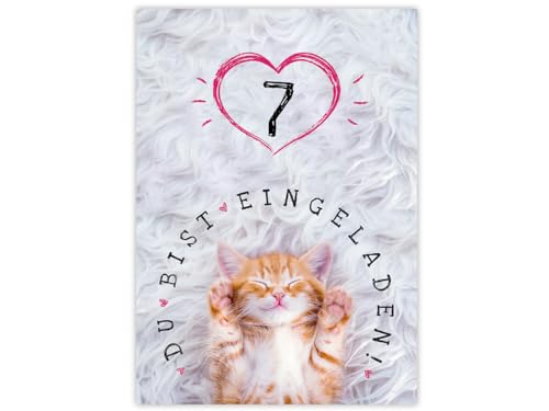 Minkocards 12 Einladungskarten zum 7. Kindergeburtstag Mädchen Katze Einladungen zum siebten Mädchengeburtstag Geburtstagseinladungen