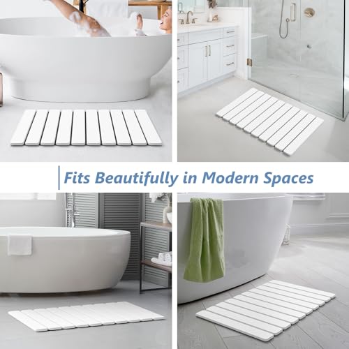 Image of AWW Foldable Stone Bath Mat, Diatomaceous, 23.6 inchx15.5 inch, White | Quick-dry surface, super absorbent design, easy-clean finish, non-slip mat included, and compact storage for small bathrooms