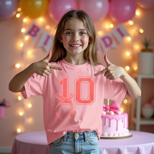 Image of Girl Birthday Shirt 10th Birthday T-Shirt Bow 10 Year Old Bday Short Sleeve Tee Top Tenth Party Outfit