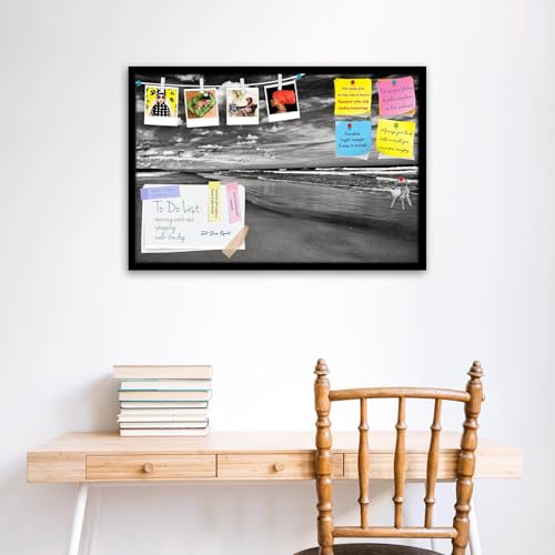 Image of ArtzFolio Sea, Air, & Land Monochrome Contrast | Bulletin Board Notice Pin Board | Vision Soft Board Combo with Thumb Push Pins & Sticky Notes | Black Frame | 30 x 20 inch (76 x 51 cms)
