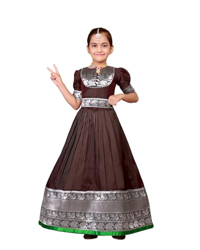 Image of Girls Silk Pattu Gown for Kids Traditional South Indian Long Ethnic Dress | Baby Girl Festival Pavadai Sattai Style Party Wedding Birthday Special Occasion Outfit