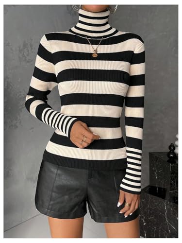 Floerns Women's Striped Print Long Sleeve Sweater Turtleneck Rib Knit Pullover Tops4