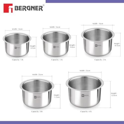 Image of Bergner BE Essentials 5 Pcs Tope Set Triply Stainless Steel Topes with Sizes 14cm (1L) 16cm (1.5L) 18cm (2.5L) 20cm (3L) 22cm (4.5L) Easy to Clean Induction Bottom and Gas Stove Ready