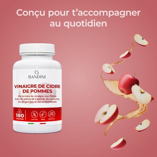 Bandini® Complexe Vinaigre De Cidre 1860mg Avec Mère - 180 Gélules Vegan - Enrichi en Probiotique Flore Intestinale, Gingembre, Piment de Cayenne, Curcuma - Apple Cider Vinegar Complex Diet - 2 mois – Image 4