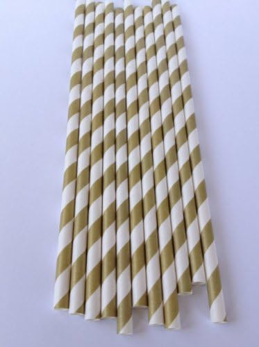25 Paper Drinking Straws White And Gold Stripes 7.75" Retro Vintage Style Durable