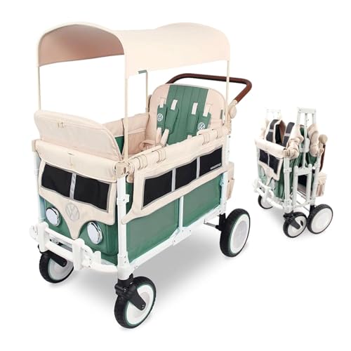 Image of WONDERFOLD Volkswagen Stroller Wagon (4 Seater) - Collapsible Wagon Stroller with VW Bumper, Functioning Headlights, and All-Terrain XL Wheels
