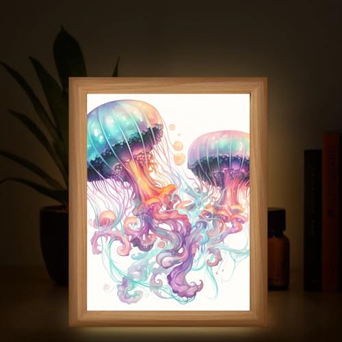 Light Up Painting, Watercolor Jellyfish Wall Art Picture Light Artistic Jellyfish Light Up Art Decor, 10 Brightness USB Powered 3 Lighting Modes, Anxiety Relief Gift for Bedroom Home-Without Frame
