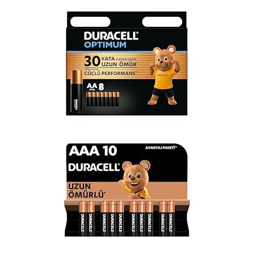 Duracell Optimum AA Alkalin Kalem Piller, 1,5 V LR6/MN1500, 8’li Paket + Duracell Alkalin AAA İnce Kalem Piller, 1,5 V LR03/MN2400, 10’lu Paket