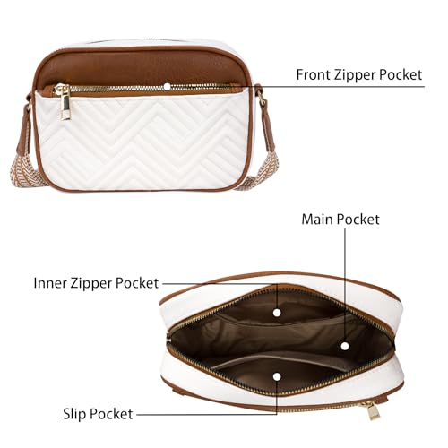 Crossbody Bags for Women, Quilted Shoulder Bag with Adjustable Wide Strap, Small Camera Crossbody Purses for Women, Trendy White Handbag Multi Compartment for Travel Shopping Work4