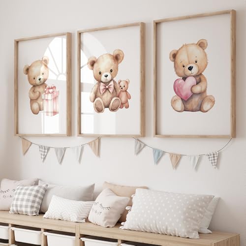 3 Affiche Bébé Ourson Rose 30X40CM Poster Ours Tableau Chambre Bebe Ours Toile Decoration Murale Enfant Fille Affiche Nounours Poster Ourson Bebe Fille Tableau...