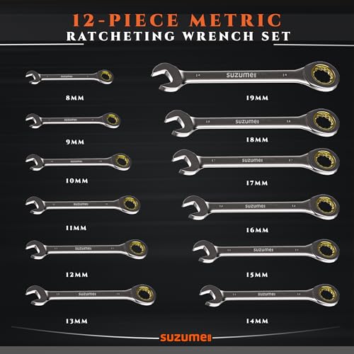 Image of SUZUME 12-Piece Metric Ratcheting Wrench Set (8-19mm) 72T Cr-V 15K+ Cycle Locked Gears Nickel Plated & Organizer for Tight Engine Bays Auto Truck Motorcycle Bike Repair