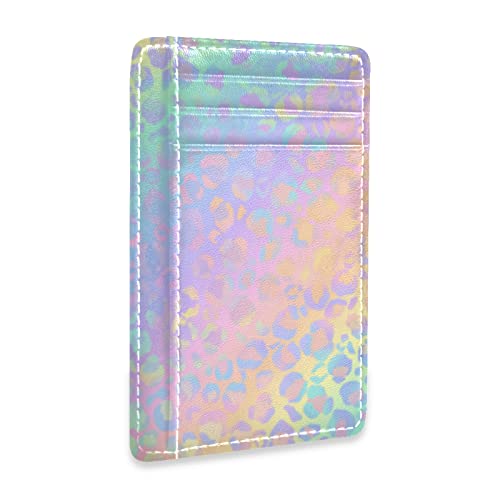 Leopard Skin Texture Animal Print in Light Rainbow Colorful Gradient Slim Minimalist Wallet, Front Pocket RFID Leather Blocking Card Holder Case for Men Women Girls Ladies, Stylish Printing Gift