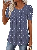 Anydeer Women Tunic Top Summer Short Puff Sleeve Chest Pleated Tshirts Casual Round Neck Blouse Loose Tee, XL, Crew Short Dotted Navy Blue
