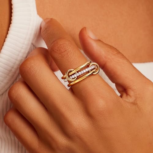 JINEAR Women's Gold & Silver Interlocked 14k Gold Plated CZ Stackable Rings