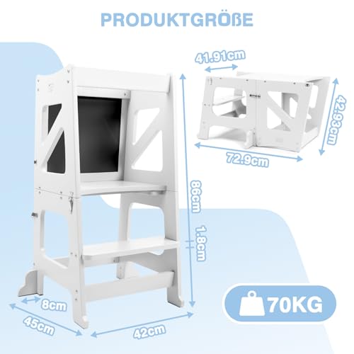 YOLEO 3 in1 Lernturm Kinder, Klappbar Montessori Lernturm ab 1,5 Jahr, Learning Tower für Kinder mit Rausfallschutz, mit doppelseitiger magnetischer Tafel, Küchen-/Badezimmerhelfer (Weiß)