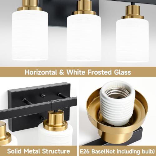 Image of Bathroom Vanity Light 5-Light Vanity Lighting Black and Gold 30in | White Frosted Ribbed Glass Shade Black and Gold Wall Light Fixture Bathroom Light Fixtures with for Mirror Restroom E26 Base
