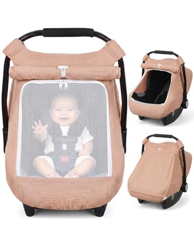 Image of Rquite Car Seat Cover Baby Girl Boy, 100% Muslin Cotton Carseat Covers, Breathable Infant Windproof Canopy with Mesh Window, Stroller Sun Shade for Summer & Hot Day, Dusty Rose