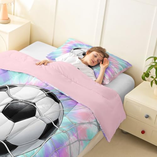 Image of Feelyou Football Comforter Set Toddler Size Soccer Bedding Set for Kids Boys Girls Watercolor Tie Dye Duvet Quilt Sports Bedroom Decor Microfiber 2 Pcs with 1 Pillow Cases