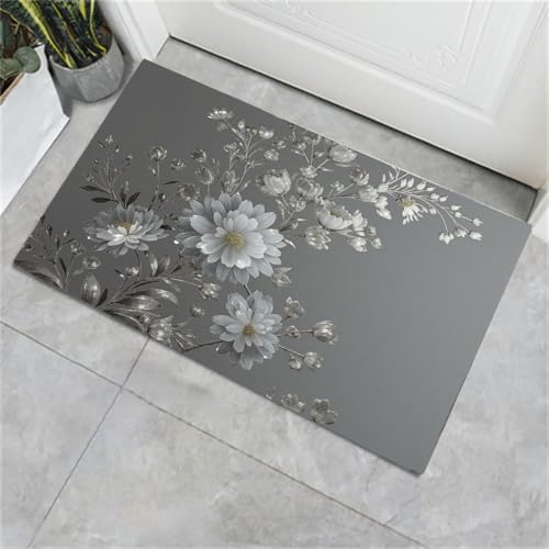 Paillasson d'entrée gris 50x80cm lavable avec motif fleur
