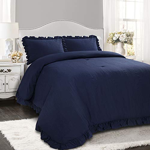 Image of Lush Decor Reyna Ruffle Comforter Set, Full /Queen, Navy, 3 Piece Cozy Bedding Set