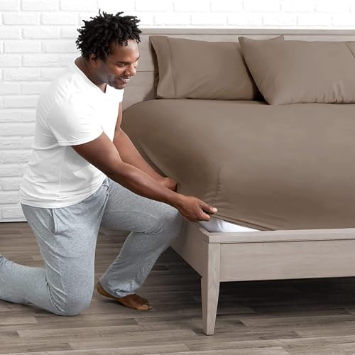 Image of 400 TC Cotton Elastic Fitted Bedsheet with 2 Pillow Covers for Single Bed 36 x 72 10 Inches Taupe(Sand) Solid Color Fitted Sheet