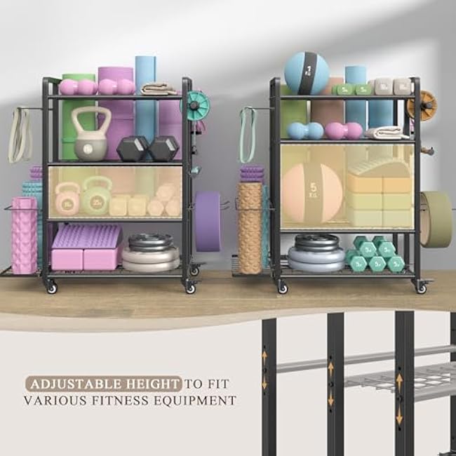 4-Tier Dumbbell Rack Stand Only, 400LB Capacity Adjustable Weight Rack for Dumbbells Kettlebells Yoga Mat, Home Gym Storage Rack with Wheels and Hooks, Powder Coated Finish