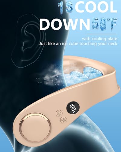 Image of Neck Fan with Semiconductor Cooling Plate, Rechargeable 5500mAh Battery, LED 5 Speeds & 3 Cooling Modes Display, USB Personal Cooling Device Gift for Hot Weather Mother's Day Father's Day, Apricot