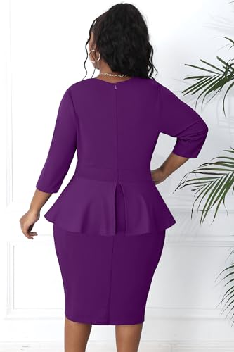 Image of Runwind Plus Size Dresses for Curvy Women, Work Church Professional Office Vintage Peplum Pencil Dress V Neck 3 /4 Sleeve