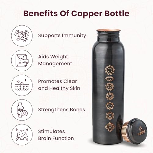 Image of Pure Copper Water Bottle 1 Litre with Sacred (7 Chakras) Geometry Design | BPA Free & Leak Proof | Copper-Infused Water | Durable & Rust Proof | Ayurveda Health Benefits - (Antique Black)