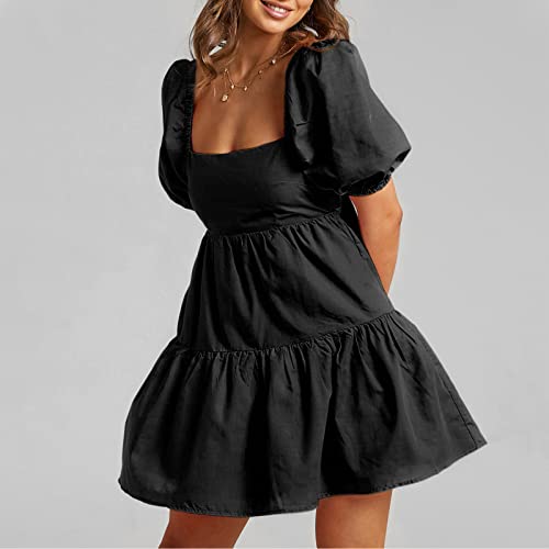 Shy Velvet Women's Casual Party Mini Dress Square Neck Short Bubble Sleeve A-Line Loose Dresses Black #TOP4