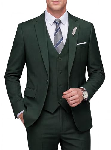 WULFUL Mens Slim Fit 3 Piece Suit One Button Solid Blazer Business Party Jacket Vest Pants Set Dark Green