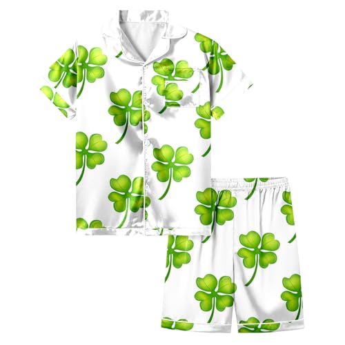 Vestido de niña tren mono pijama estampado de San Patricio para niños, camiseta de manga corta y pantalones cortos con botones, conjunto de pijama para el hogar, vestido de niña de gasa D Sillín Kitty